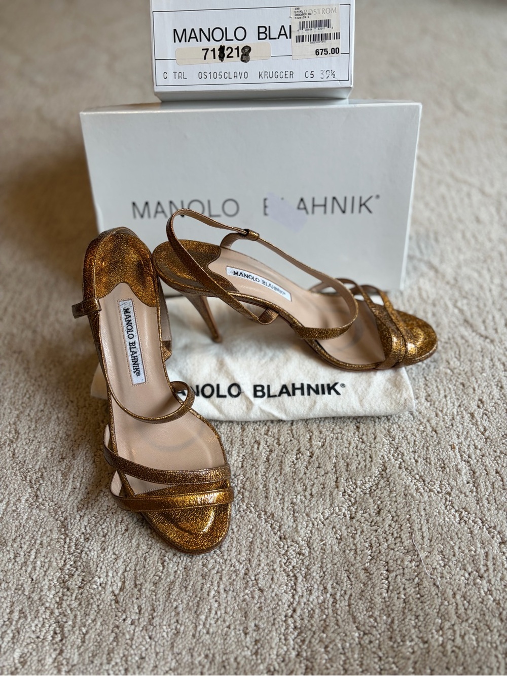 Manolo Blahnik Bronze Metallic Strappy Slingback Heels